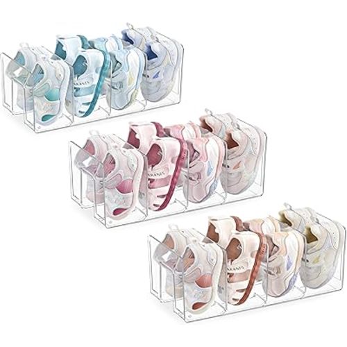 HBlife Clear Acrylic Kids Shoe Rack for Closet Organizers and Storage, Small Shoe Rack 4 Sections Toddler Baby Shoe Storage Organizer Stackable Shoe Shelf,Desk File Sorter Book Purse Organizer(3 Pack)