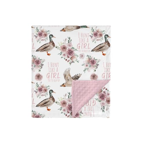 Funny Mallard Duck Hunting Mink Baby Blankets Dotted Backing Girl Shower Gift, Wild Animal Hunter Pink Floral Double Layer Nursery Receiving Swaddle, Soft Newborn Infant Toddler Bed Crib Bedding 30x40