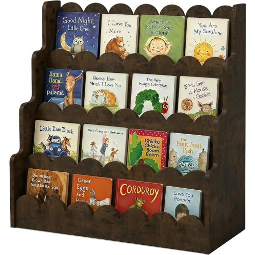 NACHES 4-Tier Montessori Bookshelf for Kids - Wooden Front-Facing Book Display Rack with Scalloped Design, Toy Organizer for Toddler Nursery, Bedroom, Classroom & Playroom, Large Rustic Brown