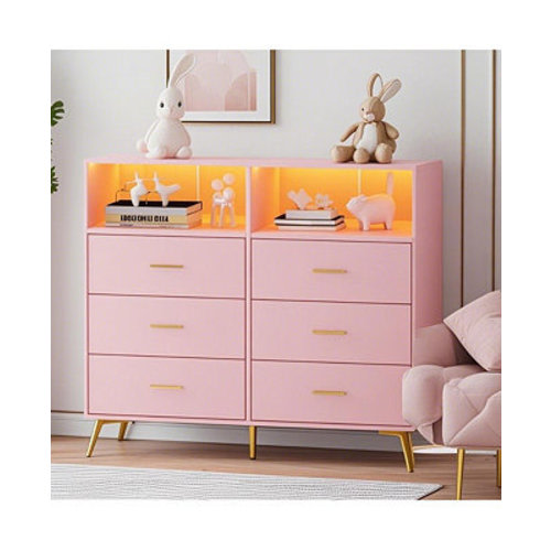 Dresser for Bedroom with 6 Drawers, Multi-Functional Nursery Dresser with LED Lights & Charging Station