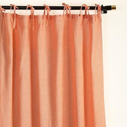 THE ART BOX Gauze Striped Curtains, Boho Linen Blend Gauze Tie Top Hanging Curtains 2 Panel Set, Light Filtering Door Window for Bedroom/Living Room Home Décor Orange on White (L84”xW42” Each Panel)