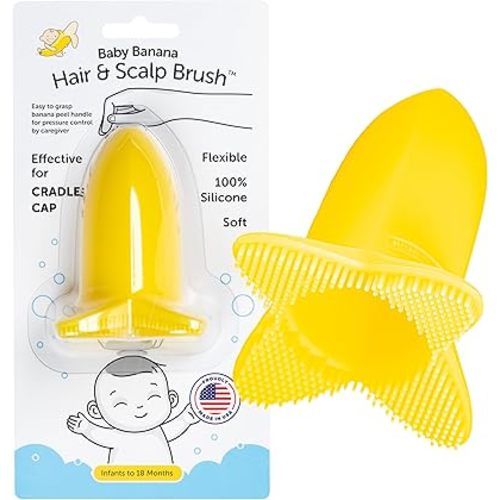 Baby Banana Hair & Scalp Brush for Cradle Cap and Bathtime, Made in USA, Infant to 12 Months, Flexable, Variable Pressure Scalp and Body Scrubber, Sensory Stimulation, Essential Baby Shower Gift
