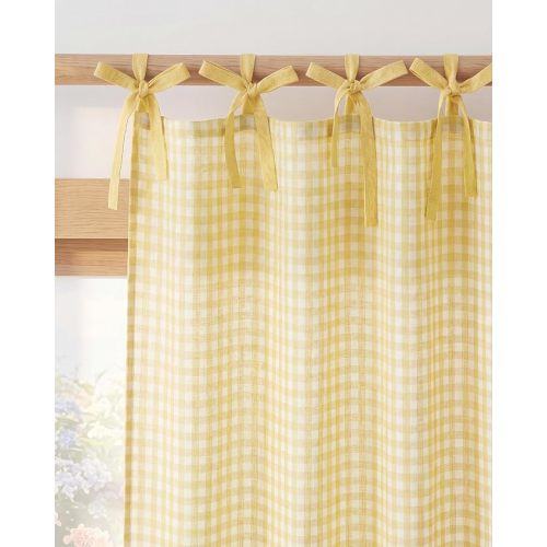 NICETOWN Butter Yellow Gingham Curtains, Tie Top Bow Knot Checkered Window Treatments Cheerful Rustic Farmhouse Semi Sheer Plaid Light Filtering Drapes for Kitchen Dining Room, W52 x L84, 2 Panels