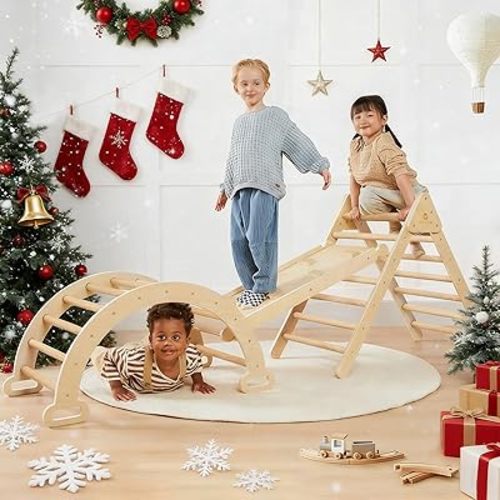Tiny Land Pikler Triangle Set, 7-in-1 Foldable Pikler Triangle Climbing Toys Set for Kids,Baby Indoor Playground Jungle Gym, Wooden Montessori Climbing Set for Toddler (Natural)