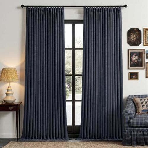 Navy Blue Pleated Linen Blackout 102 Inch Curtains for Bedroom Living Room