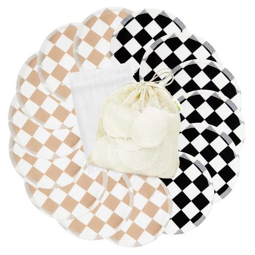 wegreeco Nursing Breast Pads (14 Pack) + Laundry Bag & Travel Storage Bag, 4.7 inch Option - Washable & Reusable Breastfeeding Nursing Pads (Light Coffee, Black Checkerboard, Large, Plain Shape)