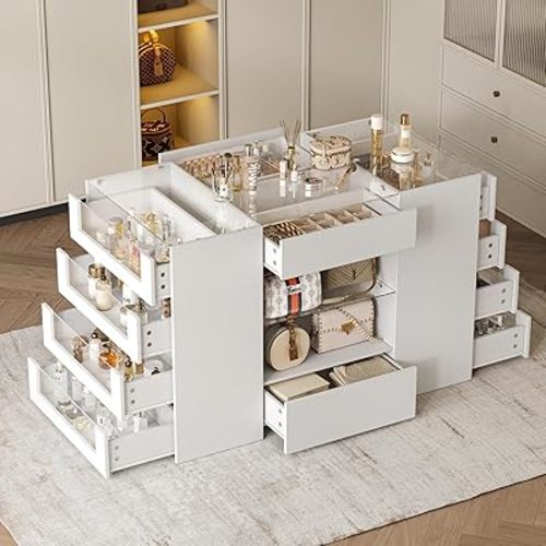 LIVAUVEAD Closet Island with Drawers, Wardrobe Armoire Bedroom Island, Glass Display Shelf & 12 Drawers, White Dresser with Glass Top, Walk-in Closet Island for Bedroom, Cloakroom