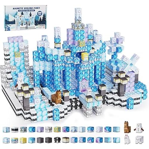 Fitrobust 200 Pack Magnetic Blocks for Kids, STEM Construction Toys with Forest Theme | Creative Educational Games for Ages 3, 4, 5, 6, 7, 8, 9, 10 | Ideal Birthday for Boys & Girls (ICE, Count, 200)