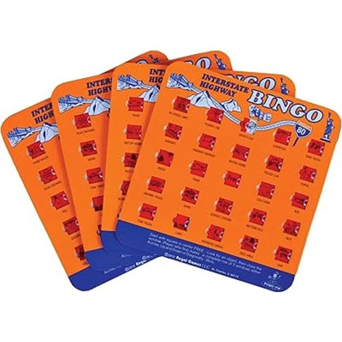 Regal Games Finger-Tip Shutter Bingo Cards with Sliding Windows - Interstate Highway Game Set - Travel Bingo Game for Adults & Kids - Reusable, No Chips & Daubers Needed - 4 Packs - Orange