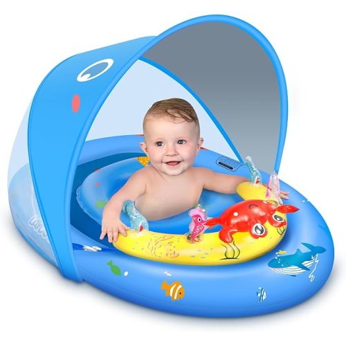 LAYCOL Baby Pool Float with Canopy UPF50+, 120°Adjustable Sun Protection and Anti-Tip Safety Seat, Inflatable Toddler Floaties Infant Pool Float with Animal Pool Toys, Baby Beach Essentials for 6-36M