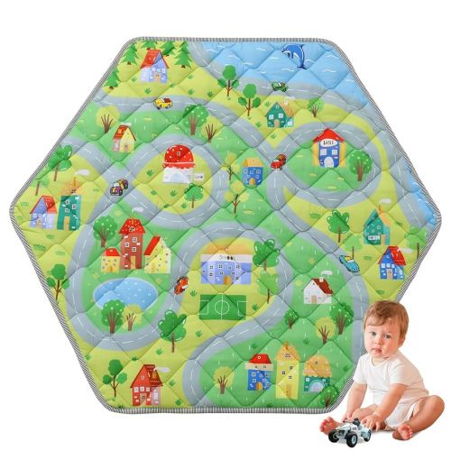 HOMBYS Hexagon Playpen Mat, 52x45 Thicken Soft Playpen Mat Fits Hexagon Portable Play Yard & Playpen, Washable Baby Play Mat Non-Slip Mat for Toddler Kids Crawling & Play, (Road & Car Pattern)