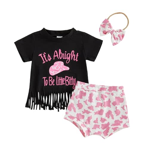 Western Baby Girl Clothes Summer Short Sleeve Letter Tassel T Shirt Romper Bloomer Shorts Set Infant Country Outfit