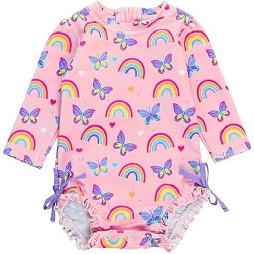 RuffleButts Baby Girls UPF 50+ Sun Protection Floral Printed Long Sleeve One Piece Rash Guard Swimsuit with Zipper