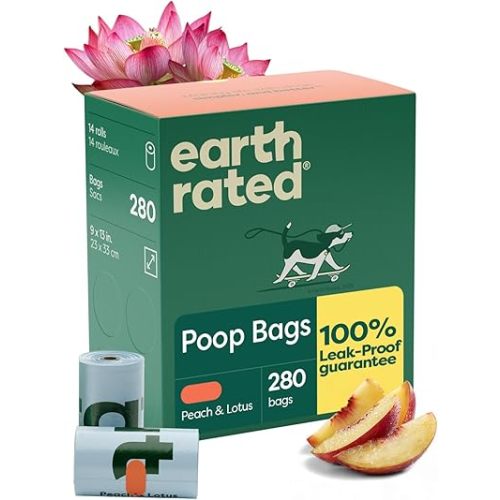 Earth Rated Poop Bags for Dogs, Guaranteed Leak Proof and Extra Thick Waste Bag Refill Rolls, Peach and Lotus, 280 Count