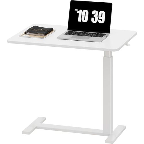 Sweetcrispy Overbed Bedside Table with Wheels, Adjustable Hospital & Home Use Bed Table, Rolling Laptop Table, Mobile Standing Desk, White