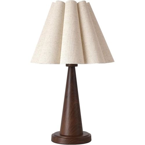Modern Table Lamp with Petal Linen Lampshade, Dark Faux Wood Metal Base – 20.5” Bedside Nightstand Lamp for Bedroom, Living Room, Office, E26 Base, Max 60W (Bulb Not Included)