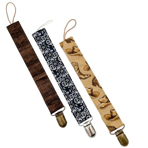 Western Cowboy Pack Of 3 Fabric Pacifier Clip Holder for Infant Baby Boy And Girl, Universal Fit for Binky, Soothers and Teethers