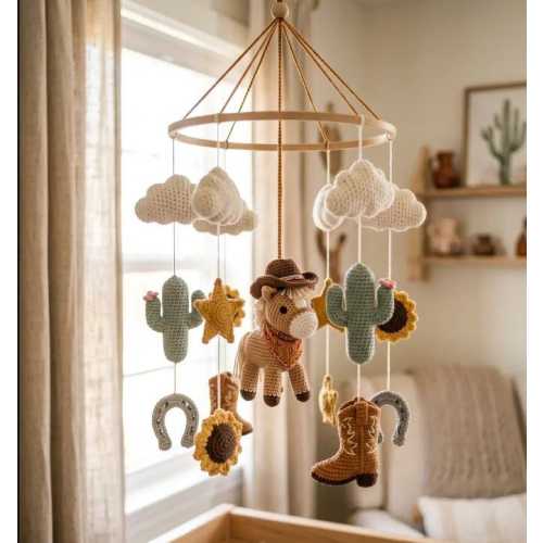 Crochet Baby Mobile, Cowboy Nursery Mobile, Horse Crib Mobile, Western Nursery Decor, Baby Shower Gift