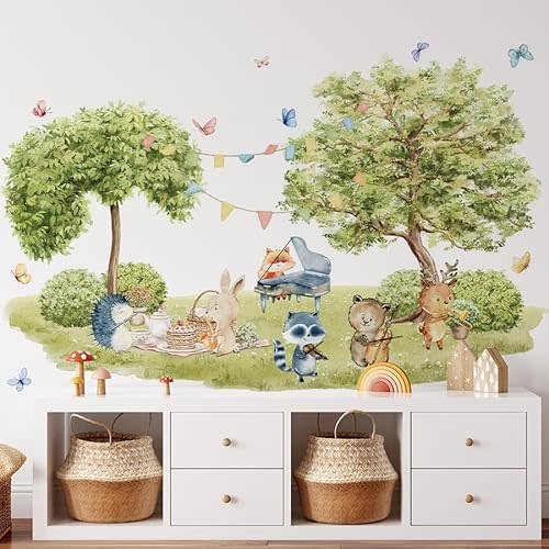 Fairy Tale Style Animal Tree Wall Stickers Green Nature Camping Peel and Stick Wall Decals for Kids' Rooms Nursery Classroom