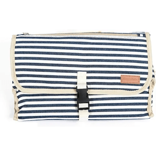 Simple Being Portable Changing Pad, Travel Diaper Canvas Clutch Mat, Diaper Bag Essential with Storage Pockets for Wipes and a Supportive Foam Head Pillow Padding (Navy Stripe)