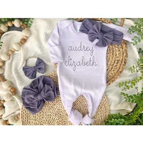 Personalized purple pastel baby girl footie: Custom name for baby photos and coming home