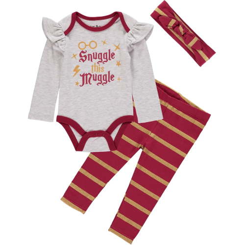 Harry Potter Baby Girls Clothing 3-Piece Set with Bodysuit, Leggings, and Headband Gifts for Girls Grey/Red/Yellow, 6-9M