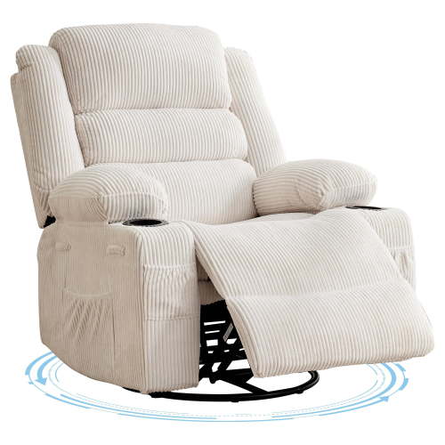Rocking Recliner Chair for Adults – Wide 360° Swivel Rocker Recliner with Cup Holder, Nursery Glider with Deep Seat – Corduroy/PU/Linen – Green/Beige/Black/Gray