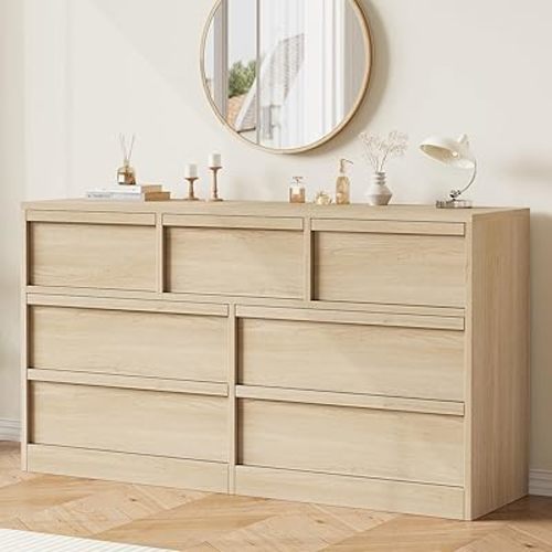 GarveeHome 7 Drawer Dresser for Bedroom, 54in Wide Natural Oak 7 Chest of Drawers with Large Storage, Wooden Dresser Organizer for Living Room, Nursery, Entryway