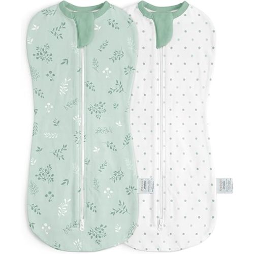Baby Swaddle 0-2 Months, Cotton Arm-In Zipper Sleep Sack, Wearable Blankets Wrap for Newborn Infant Girls, Boys (Green Leaves, Polka Dots, Pack of 2)