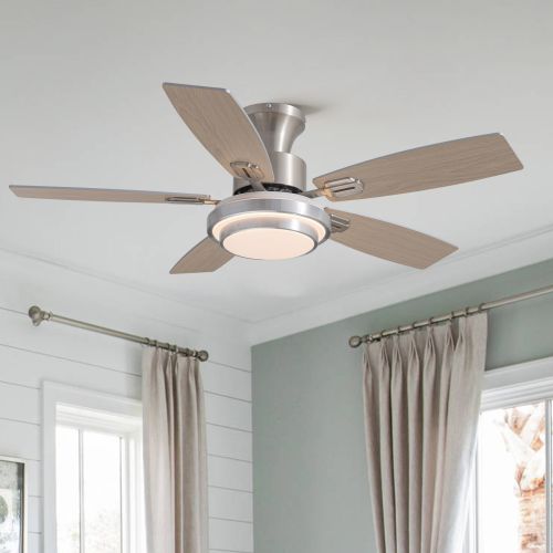 SILJOY 42-In Nickel Flush Mount Ceiling Fans With LED Lights and Low Profile Design for Bedroom Living Room (5 Blades dual colors)Remote control and APP Control