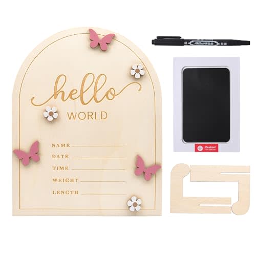 iEvolve Baby Announcement Sign Hello World Wooden Birth Name Sign Welcome Baby Newborn Board Butterflies and White Flowers Nursery Decor for Baby Girls Boys (Pink Butterfly)