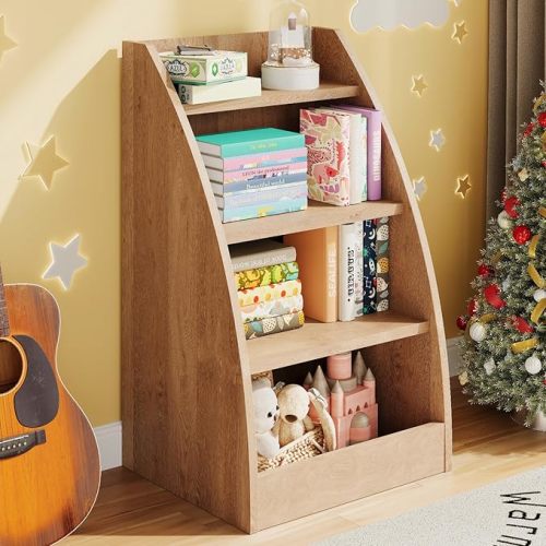 4 Tier Kids Bookshelf,4 Layer Sling Kids Book Shelf for Kids Rooms,Wood Children Bookcase,Baby Storage Book Rack,Toddler Bookshelf, Book and Toy Organizer,Book Display Shelf for Bedroom, Nursery