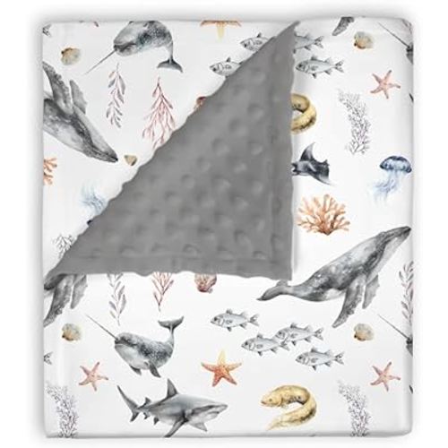 Mink Baby Boy Girl Blankets Under The Sea Animals, Ocean Creature Whale Shark Soft Double Layer Dotted Backing Receiving Swaddle, Newborn Infant Toddler Nursery Crib Bedding Shower Gift 30x40