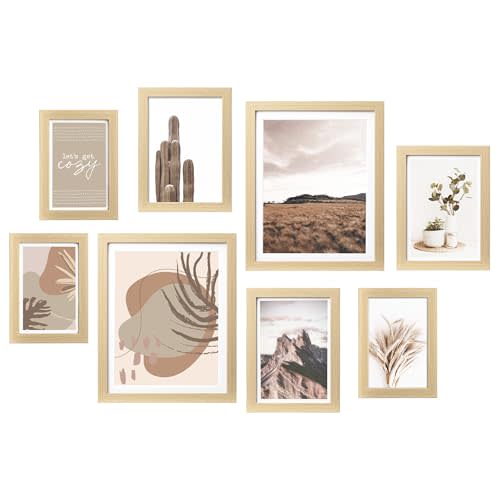 ArtbyHannah Gallery Wall Frame Set,Beige Picture Frames Collage Wall Decor with Neutural Art for Living Room Stariway,8 Pack Assorted Size 8"x10",5"x7",4"x6", Small