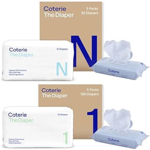 Coterie Newborn Diapers + Water Wipes Baby Kit - Essential Newborn Must-Haves - Size NB (3 packs) + Size 01 (6 packs) = 291 diapers