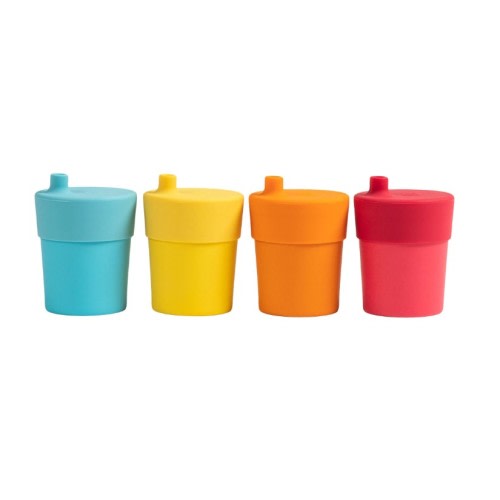 Bamboo Cups with Silicone Sippy Lids – Set of 4, Bright Blue/Orange/Red/Yellow