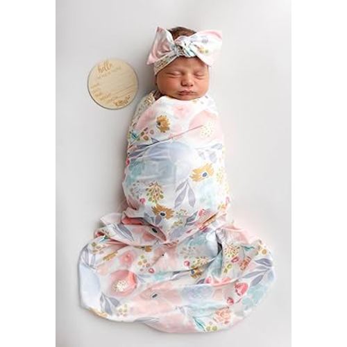 Newborn Floral Print Blanket Baby Stretch Wrap Swaddle Receiving Blanket with Matching Headband and Beanie (Orange and Pink)
