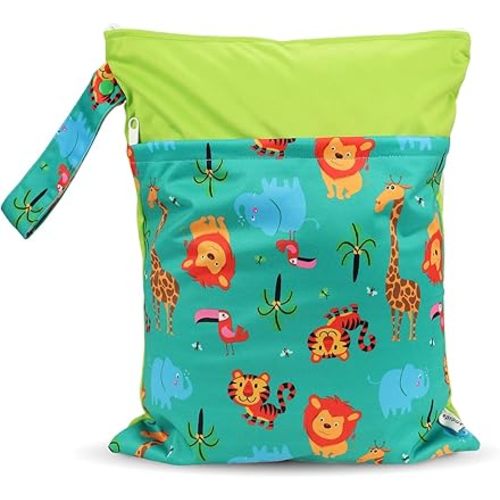 Hi Sprout Grab and Go Wet Dry Cloth Diaper Bags -Waterproof Washable Reusable Diaper Organizer (simple bag, Animal Kingdom)