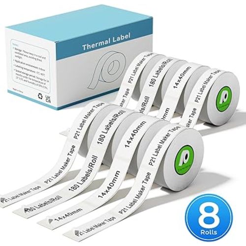 Compatible with NELKO P21 Label Maker Tape, 14x40mm (0.55"x1.57"), Standard Laminated Office Labeling Tape Replace for NELKO P21,NADAIIN N12, ORGBRO X1, ORGSTA S001, 180 Labels/Roll, 8-Rolls, White