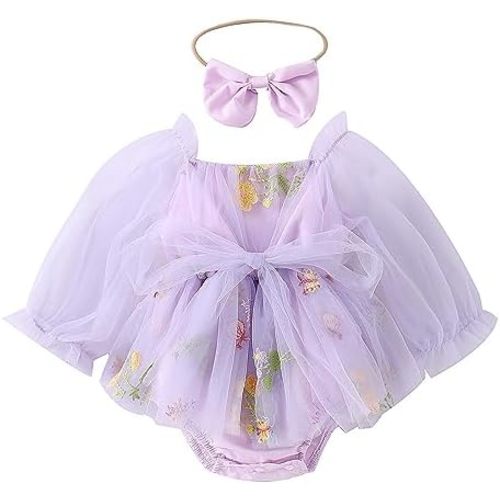 ODASDO Newborn Baby Girl Romper Dress Flower Embroidery Tutu Princess Long Sleeve One-Piece Bodysuit Cake Smash Outfit