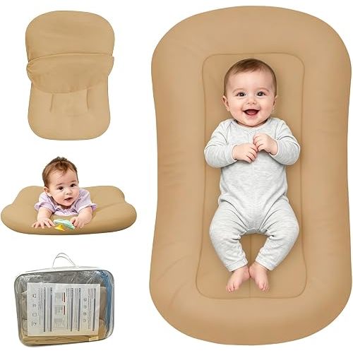 Baby Lounger for Newborn, Bionic Design Baby Lounger, Soft Organic Cotton Breathable Lounger for Infants 0-24 Months (Khaki)