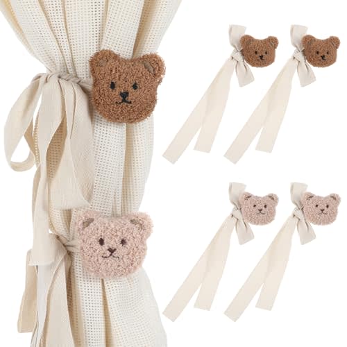 4Pcs Cute Bear Curtain Tiebacks Bear Curtain Holdbacks Decorative Embroidered Animal Shape Rope Holdbacks for Home Office Bedroom Living Room Window Treatment Decor(Beige)