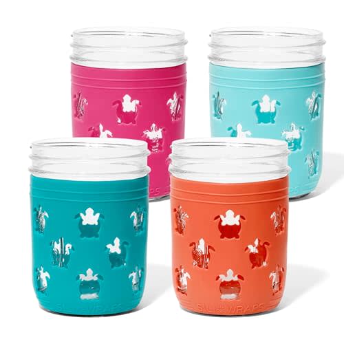 Sili Wraps Silicone Mason Jar Sleeves, Anti-Slip Protector wraps for 16oz Ball and Kerr Regular & Wide Mouth Mason Jars, Decorative & Resistant Jar Jackets, Set of 4 Sleeves, Sea Turtle Juicy Fruit