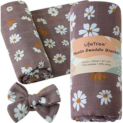 LifeTree Baby Muslin Swaddle Blankets for Girls, Newborn Swaddle Set with Matching Headband Bow, Infant Receiving Blanket Wrap, 47 x 47 inches, Mauve Daisy, 70% Viscose from Bamboo and 30% Cotton