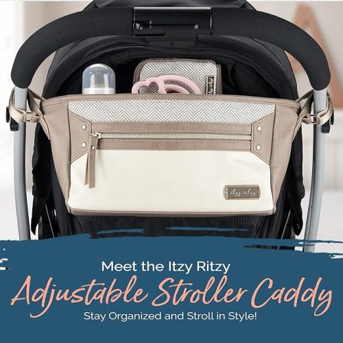Itzy Ritzy Adjustable Stroller Caddy and Organizer Bag Featuring Front Zippered Pocket, 2 Built-In Interior Pockets & Adjustable Straps to Fit Nearly Any Stroller (Vanilla Latte)