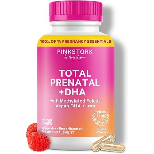 Pink Stork Total Prenatal Vitamins with DHA, Folate, Iron, Choline, and Vitamin B12 - Prenatals for Women to Support Fetal Development, Pregnancy Essentials, Berry Essence, 60 Capsules, 1 Month Supply