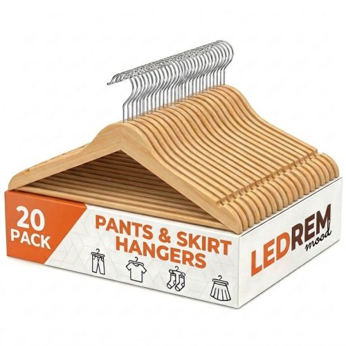LEDREM Kids Wooden Hangers 20 Pack, Solid Wood Coat Hangers with Pants Bar and Swivel Hooks, 12.8 x 7.9 x 0.5 Inches, Yellow and Beige