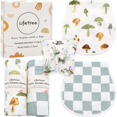 LifeTree Baby Swaddle Blankets and Burp Cloths 2 Pack, Muslin Swaddling Wrap Receiving Blanket for Newborn, 70% Viscose from Bamboo and 30% Cotton, Large 47" x 47", Mushroom & Green Checkered