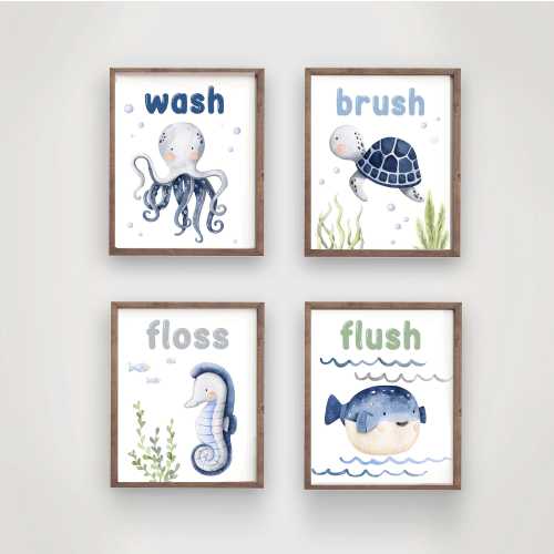Ocean Animals Kids Bathroom Prints: Wash Brush Flush Art (Set of 4)