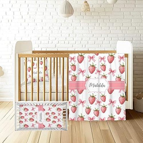 Personalized Strawberry Baby Crib Bedding Set – Custom Name 3 Piece Nursery Set for Baby Girls, Soft Blanket, Fitted Crib Sheet & Pillowcase – Customized Infant & Toddler Nursery Gift